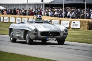 Mercedes-Benz 300 SLS (W 198). The vehicle is a special lightweight version of the 300 SL Roadster, two examples of which were produced in 1957 for the American sports car championship. Paul O'Shea won in Category D, having secured a significant lead over the competition. Photograph from the Goodwood Festival of Speed 2014.