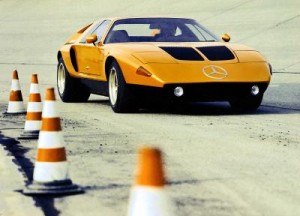 Mercedes-Benz research car C 111-II with four-rotor Wankel enigne on the Untertürkheim test track, 1970.