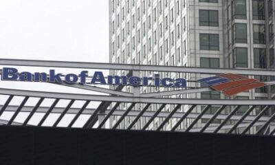 Bank of America logo close.up .Canary Wharf building 1