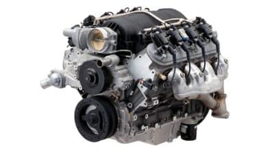 Chevrolet Performance's LS427/570 crate engine is based on the LS7 and uses a unique camshaft to help produce 570 hp. Photo depicts a production LS7 engine. The LS427/570 assembly includes an F-body wet-sump oil pan and Z/28 exhaust manifolds.