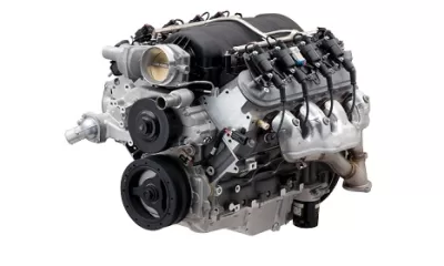 Chevrolet Performance's LS427/570 crate engine is based on the LS7 and uses a unique camshaft to help produce 570 hp. Photo depicts a production LS7 engine. The LS427/570 assembly includes an F-body wet-sump oil pan and Z/28 exhaust manifolds.