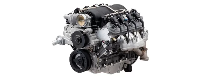 Chevrolet Performance's LS427/570 crate engine is based on the LS7 and uses a unique camshaft to help produce 570 hp. Photo depicts a production LS7 engine. The LS427/570 assembly includes an F-body wet-sump oil pan and Z/28 exhaust manifolds.