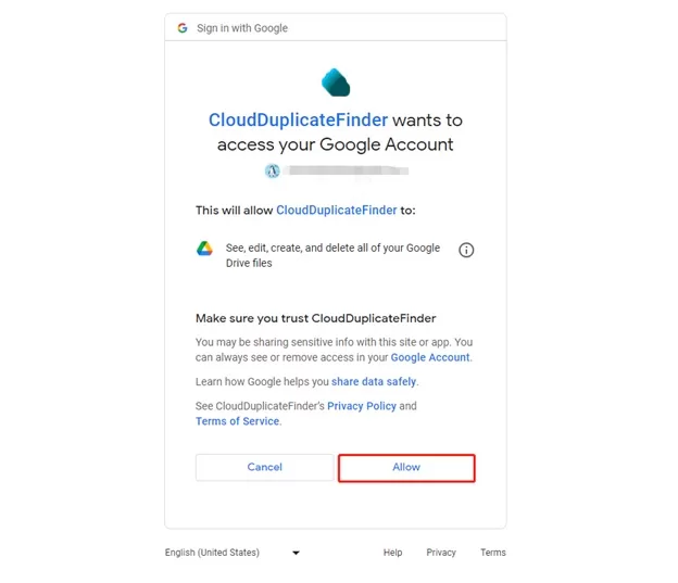 Allow access to your Google account to find and delete duplicates